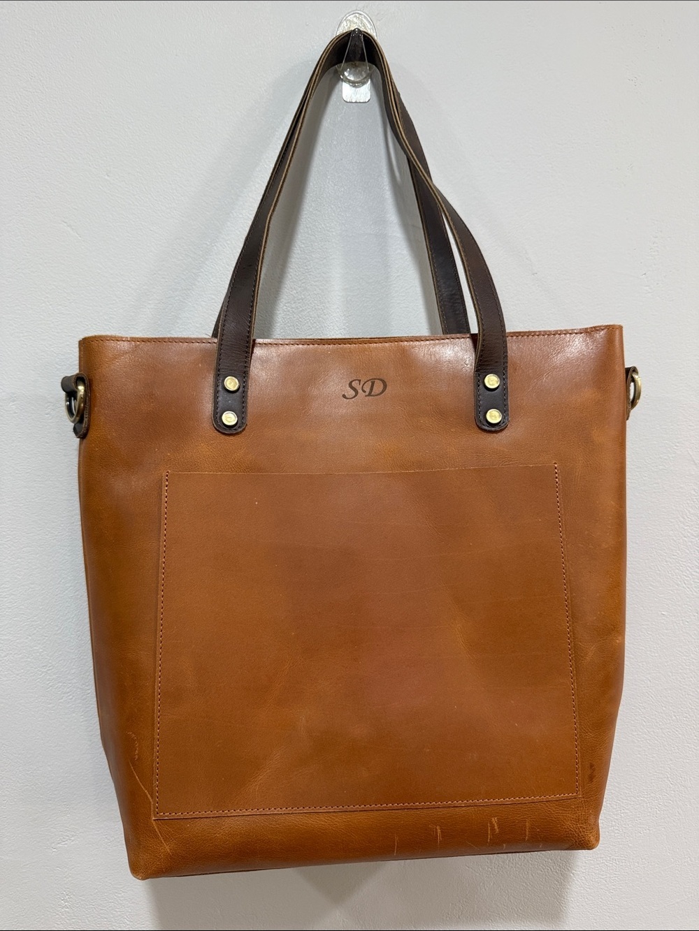 Monogrammed SD Brown Leather Tote with Dark Brown Handles Bag